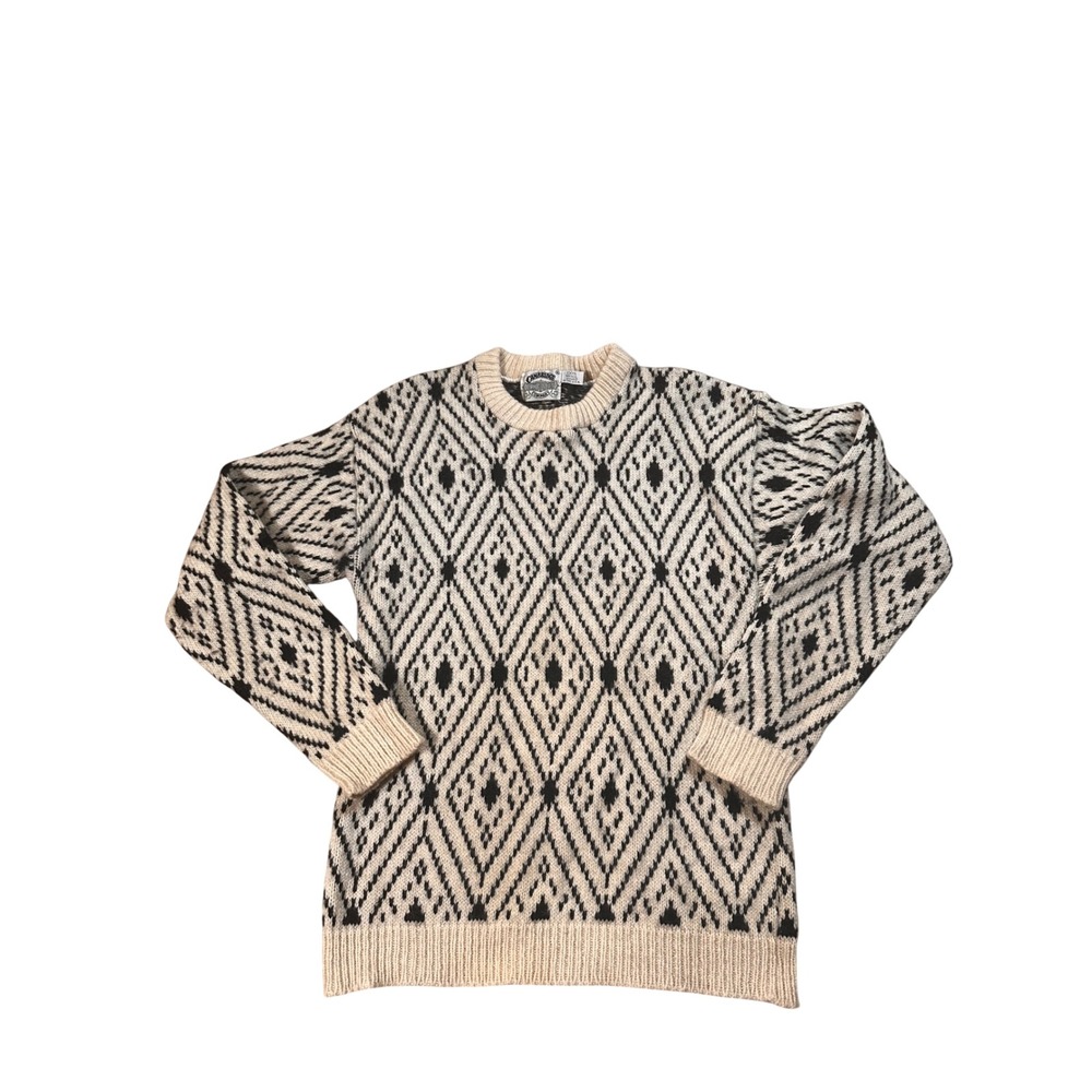 Cambridge Dry Goods Vintage 100% Wool Diamond Knit Sweater XL Cream Black USA
